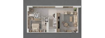 A top-down view of a house layout with a kitchen, living room, and bathroom.