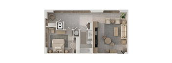 A top-down view of a room with a kitchen, dining area, and living room.