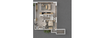 A top-down view of a modern living room with a couch, coffee table, and a TV.