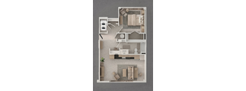 A top-down view of a house layout with a kitchen, living room, and bathroom.