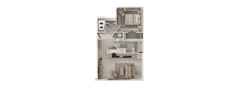 A 3D floor plan of a house with a kitchen, living room, and bathroom.