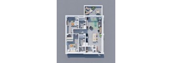 A 3D floor plan of a house with a kitchen, living room, and bathroom.