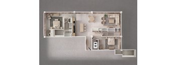 A model of a house with a kitchen, living room, and bathroom.