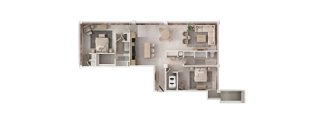 A 3D floor plan of a house with a kitchen, living room, and bathroom.