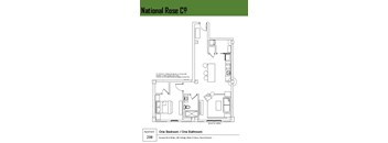 A floor plan of a one bedroom apartment with one bathroom.