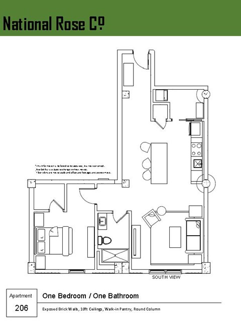 A floor plan of a one bedroom apartment with one bathroom.