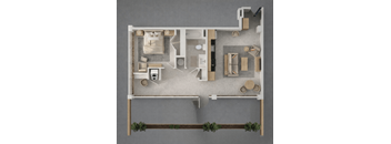 A top-down view of a small apartment layout with a kitchen, living room, and bathroom.