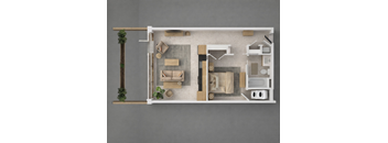 A top-down view of a living space with furniture and decor.