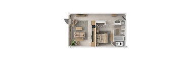 A top-down view of a room with furniture and a plant.