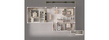 A 3D floor plan of a house with a kitchen, living room, and bathroom.