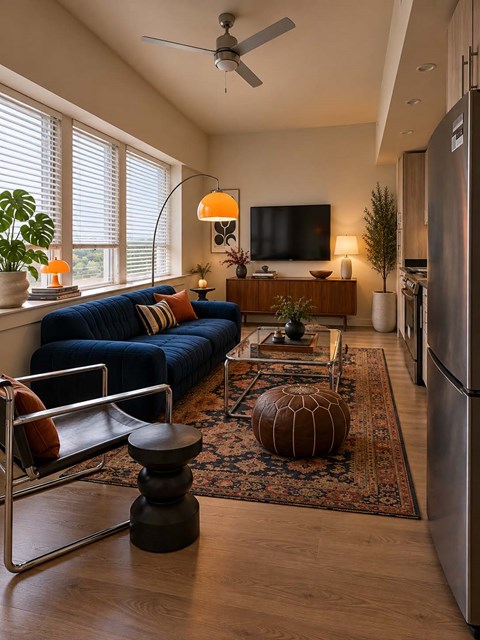 A modern living room with a blue sofa and a television.