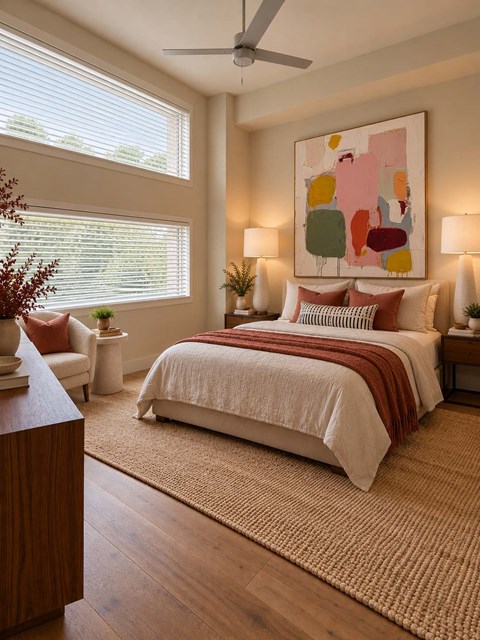 A bedroom with a large bed and a painting on the wall.