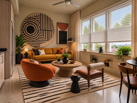 A living room with a yellow sofa, a woven coffee table, and a large circular artwork on the wall.