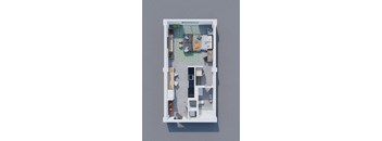 A top-down view of a small apartment with a living room, kitchen, and bathroom.