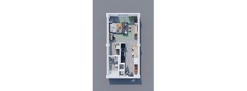 A top-down view of a small apartment layout with a kitchen, living room, and bathroom.