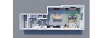 A top-down view of a living room with a couch, a coffee table, and a television.