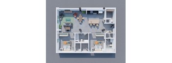 A top-down view of a living room with a couch, coffee table, and television.