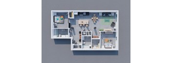 A top-down view of a small apartment with a kitchen, living room, and bedroom.