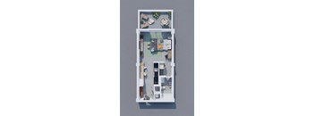 A top-down view of a small apartment with a living room, kitchen, and bedroom.