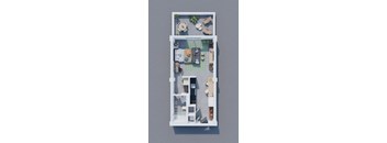 A top-down view of a small apartment with a living room, kitchen, and bedroom.