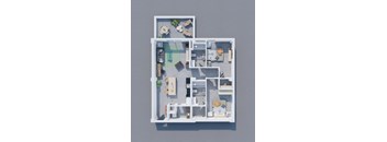 A 3D floor plan of a house with a kitchen, living room, and bedrooms.