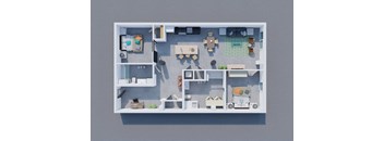 A top-down view of a house layout with various rooms and furniture.