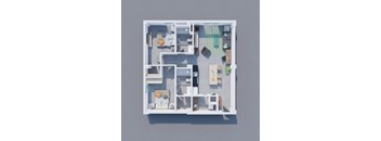 A top-down view of a small apartment with a kitchen, living room, and bedroom.