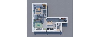 A 3D floor plan of a small apartment with two bedrooms and a living area.