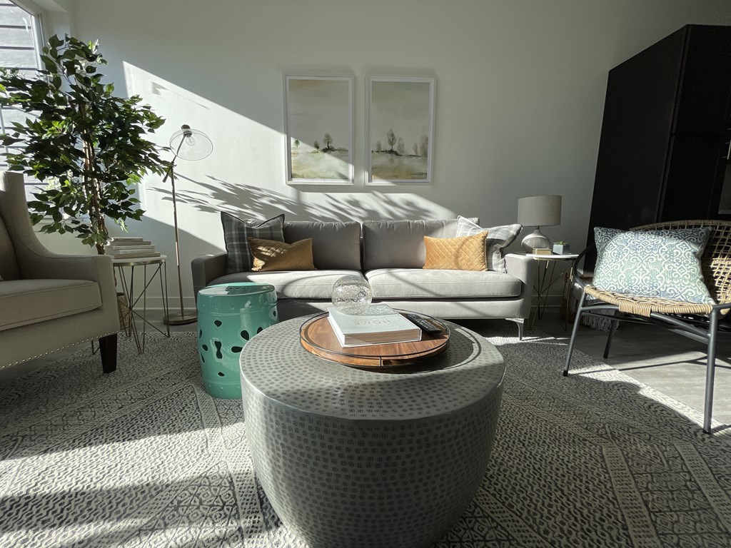 a living room with a couch and a coffee table