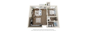A 3D floor plan of a small apartment with a living room, kitchen, and bedroom.