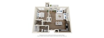 A 3D floor plan of a house with a kitchen, living room, and bathroom.