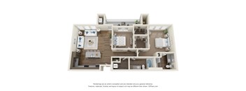 A 3D floor plan of a house with a kitchen, living room, and bathrooms.
