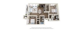 A 3D floor plan of a house with labeled rooms.