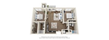 A 3D floor plan of a house with a kitchen, living room, and two bedrooms.