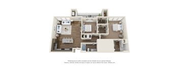 A 3D floor plan of a house with a kitchen, living room, and two bedrooms.