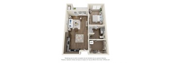 A floor plan of a small apartment with a kitchen, living room, and bedroom.