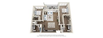 A 3D floor plan of a house with a kitchen, living room, and bathrooms.