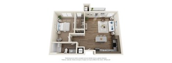 A 3D floor plan of a house with a kitchen, living room, and bathroom.