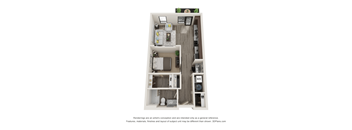 A 3D floor plan of a small apartment with a kitchen, living room, and bedroom.