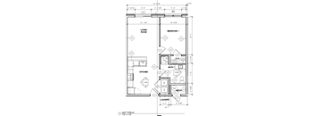 A floor plan of a small apartment with a living room, bedroom, kitchen, laundry room, and bathroom.