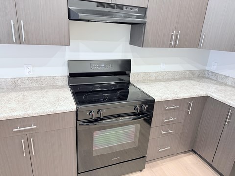 A modern kitchen with a stove top oven and cabinets.