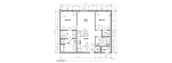 A floor plan of a two bedroom apartment with a living room, kitchen, and two bathrooms.
