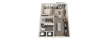 A top-down view of a small apartment with a bedroom and a living room.