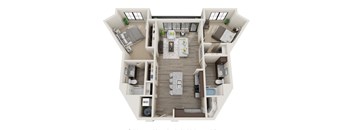 A top-down view of a house layout with a living room, dining area, kitchen, and bedrooms.