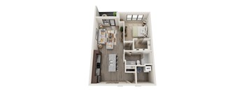 A top-down view of a small apartment with a living room, kitchen, and bathroom.