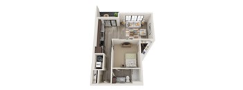 A top-down view of a small apartment with a living room, kitchen, and bathroom.
