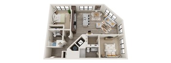 A 3D rendered image of a small apartment layout.