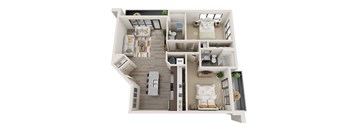A top-down view of a modern apartment layout with a living room, kitchen, dining area, and bedrooms.