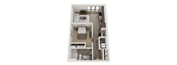 A top-down view of a small apartment with a bedroom, living room, and bathroom.