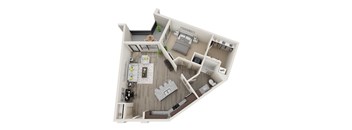 A 3D floor plan of a small apartment with a kitchen, living room, and bedroom.